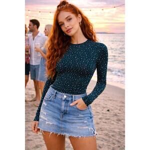 Free People Night Sky Long Sleeve Sparkly Top Seamoss M/L